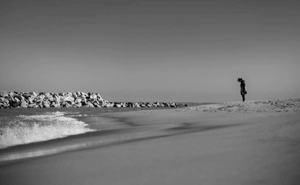 alone, nature, sad, sad girl, beach, sea, ocean, girl, lonely, woman, solitude, melancholy, black and white