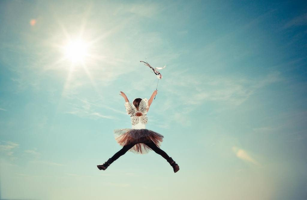 child, costume, fairy, fly, girl, nature, heaven, jump, sunlight, motion, outdoors, sky, sun, happy, jumping, fairy costume