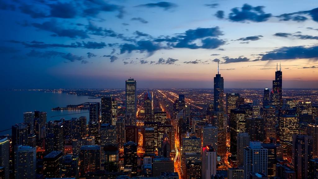 buildings, city, illuminated, skyline, cityscape, city lights, urban landscape, chicago, illinois, urban, skyscrapers, architecture, downtown, nature, lake michigan, lights, sunset, dusk