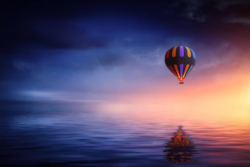 hot air balloon, lake, balloon, nature, sunset, blue, yellow, colorful, sky, clouds, reflection, floating, dream, fantasy, blue sky, blue sunset, blue clouds, blue fantasy, blue dream, blue lake, blue color