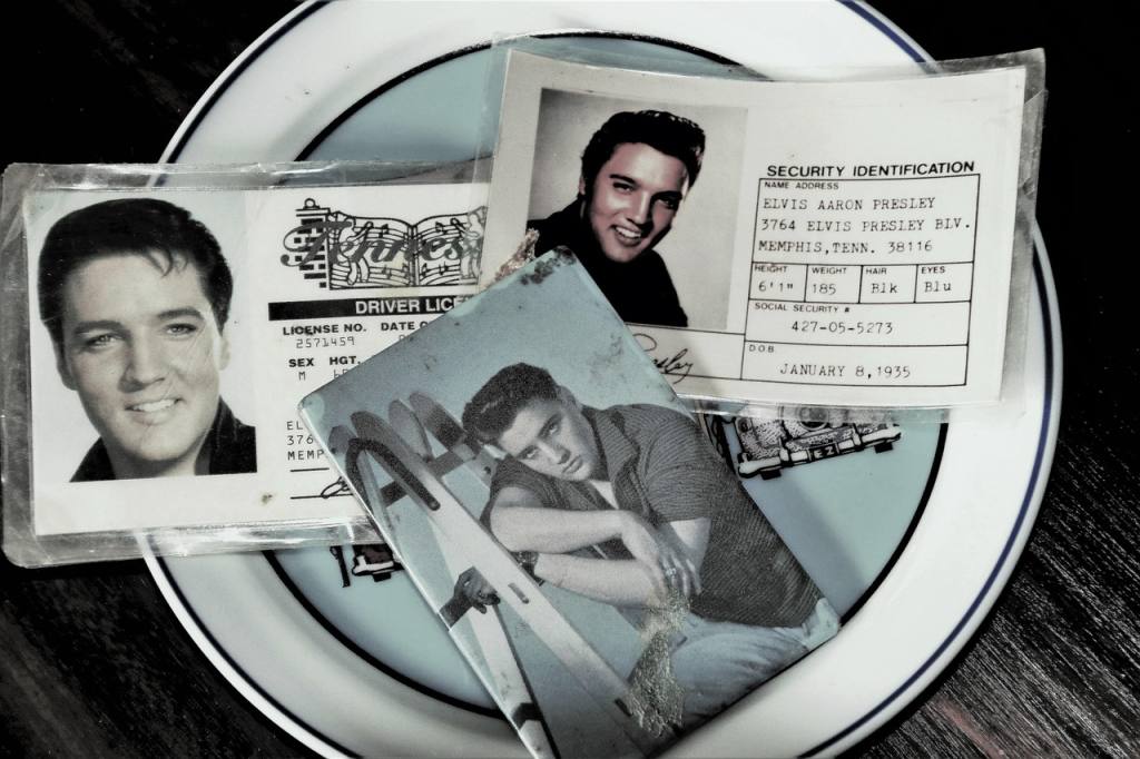 idol, elvis presley, id, collection, old, genuine, retro, used, history, in passing, extinct, past, transient, check, weathering, musical, photographs, document, id card, art, people, vintage, still life